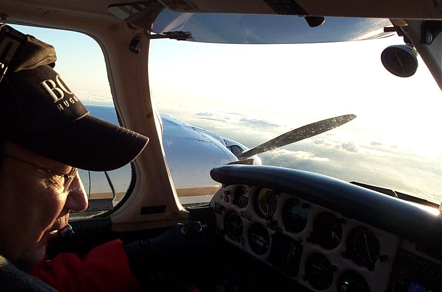 Multi-engine and Instrument Student Michel Lahaie shuts down the left engine of the Seneca during a trainng flight with Instructor Phil Craig on December 11, 2008.  Michel has flown 24 aircraft types--including his Hawker Hunter (see below).  Langley Flying School.